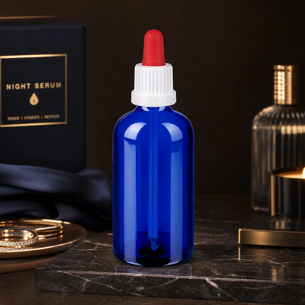 Flacone per pipette da 100 ml bianco/rosso OV BlueLine UT18/100 Flacone per oli essenziali 100ml resistente ai raggi UV con pipetta graduata per una misurazione precisa al millilitro
