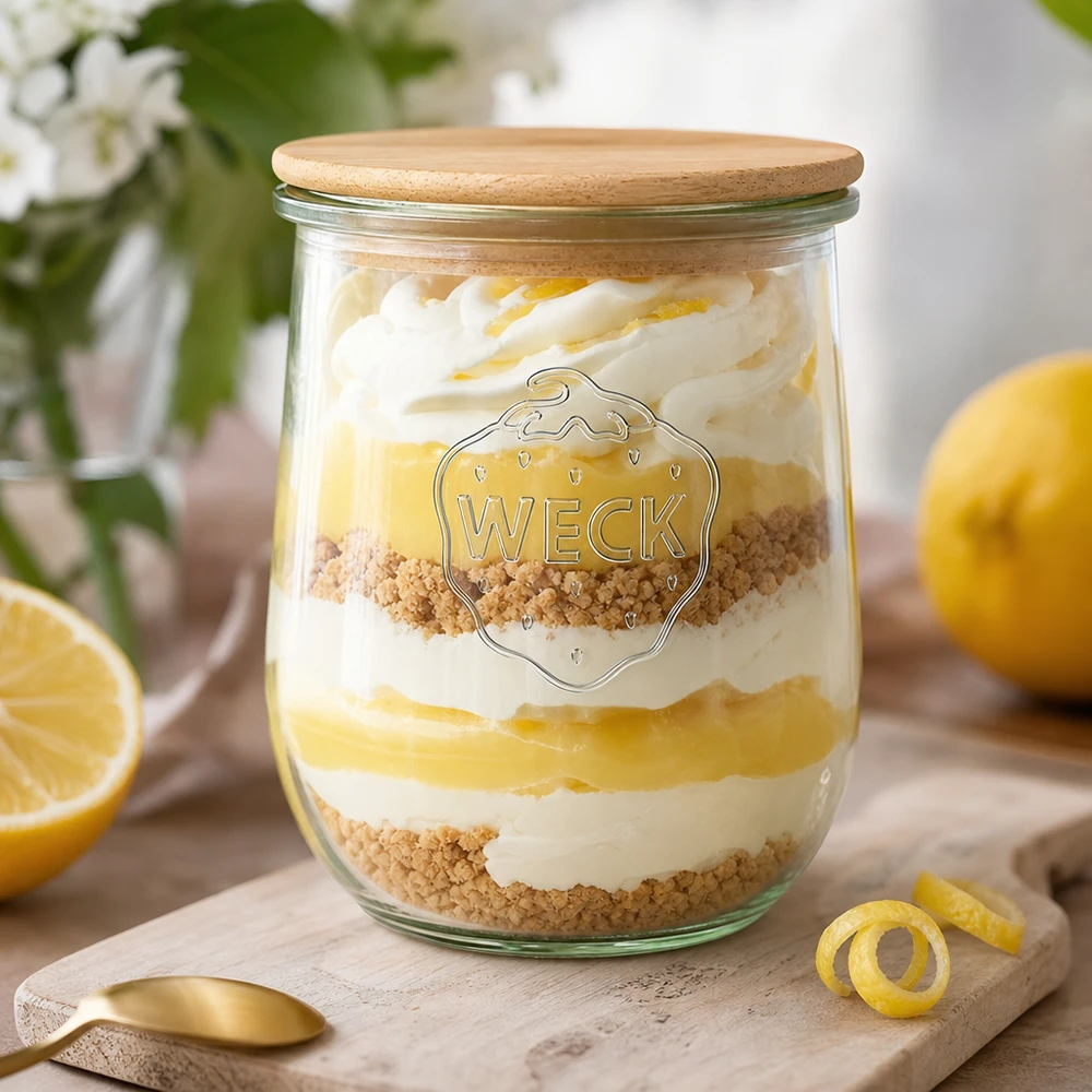 1062ml WECK RR100 vaso a tulipano con coperchio in legno WECK RR100 Vasetto per tulipani da 1062 ml con coperchio in legno come vasetto da dessert con crema al limone e zuccherini disposti in modo decorativo