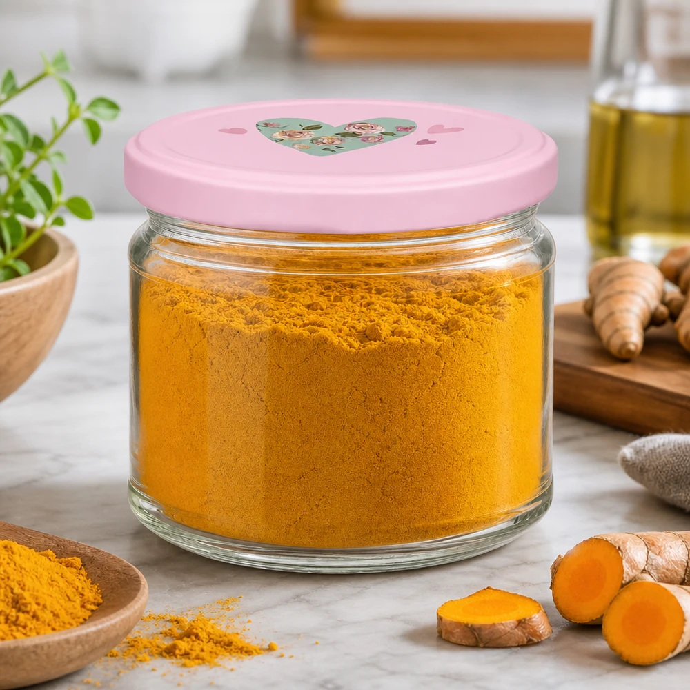 330ml Rundglas + BasicSeal Deckel Herz rosa UNiTWIST 330ml Rundglas gefüllt mit Kurkumapulver zeigt praktische Küchenaufbewahrung mit dekorativem rosa Herzdeckel
