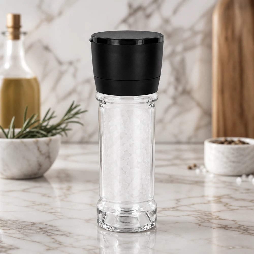 Pot à sel/épices 100 ml avec moulin Vario noir Gewürzmühle 100ml Vario schwarz mit Glaskorpus und weißem Meersalz für die moderne Küche