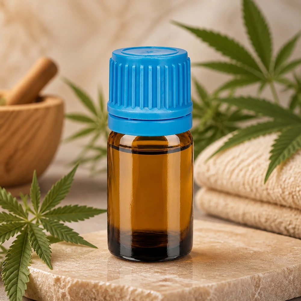 Flacone da 5 ml in vetro marrone con coperchio blu ideale per olio di CBD e cosmetici naturali