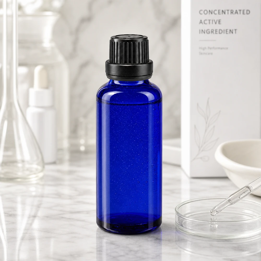 Flacon de pharmacie bleu de 30 ml avec compte-gouttes de 2 mm pour les concentrés et principes actifs de soins de la peau