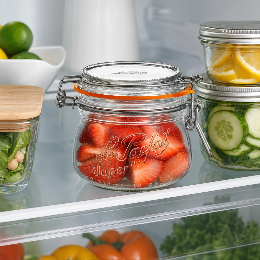 Vasetto Le Parfait® 250 ml Ø70 mm conserve 250 ml di vasetto Le Parfait Super con tappo girevole, riempito di fragole, in frigorifero accanto ad altri vasetti.
