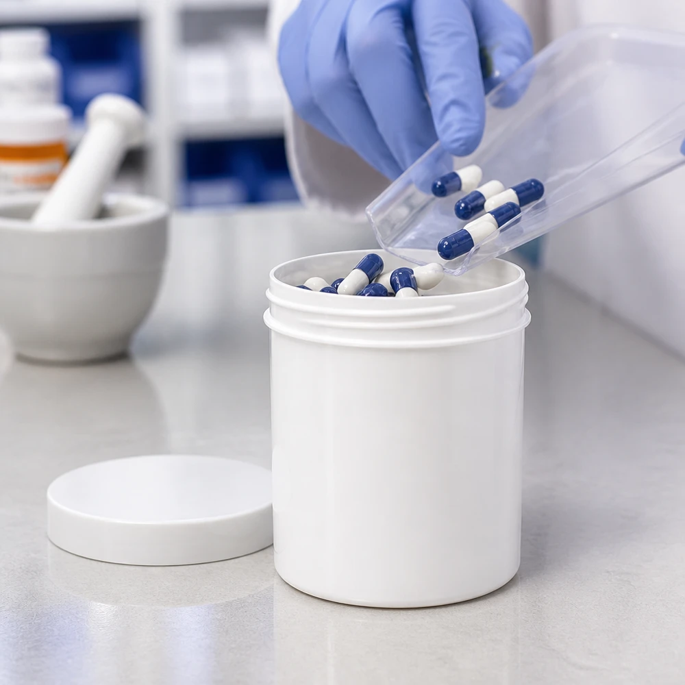 Conditionnement professionnel de gélules dans des pots de pharmacie blancs de 30 g en plastique PP