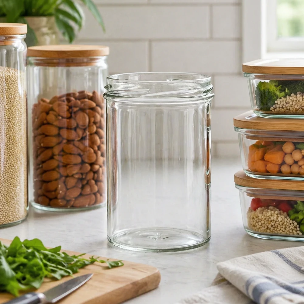 Leeres Sturzglas 435ml in moderner Küche zwischen gefüllten Vorratsgläsern mit Nüssen und Hülsenfrüchten