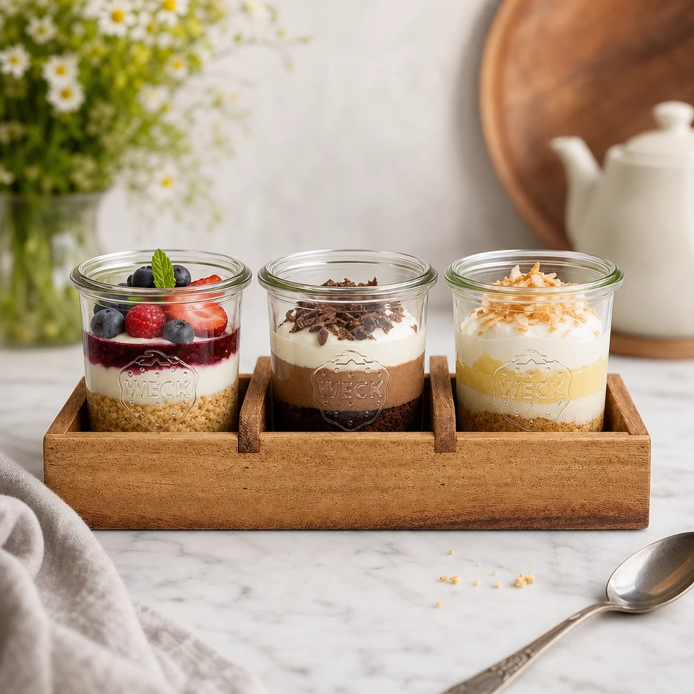 Vassoio di servizio Box3 in legno di acacia per 3 tumbler WECK. Tavola da portata in legno di acacia Box3 con tre vasetti WECK dessert yogurt frutti di bosco cioccolato cocco presentazione cucina
