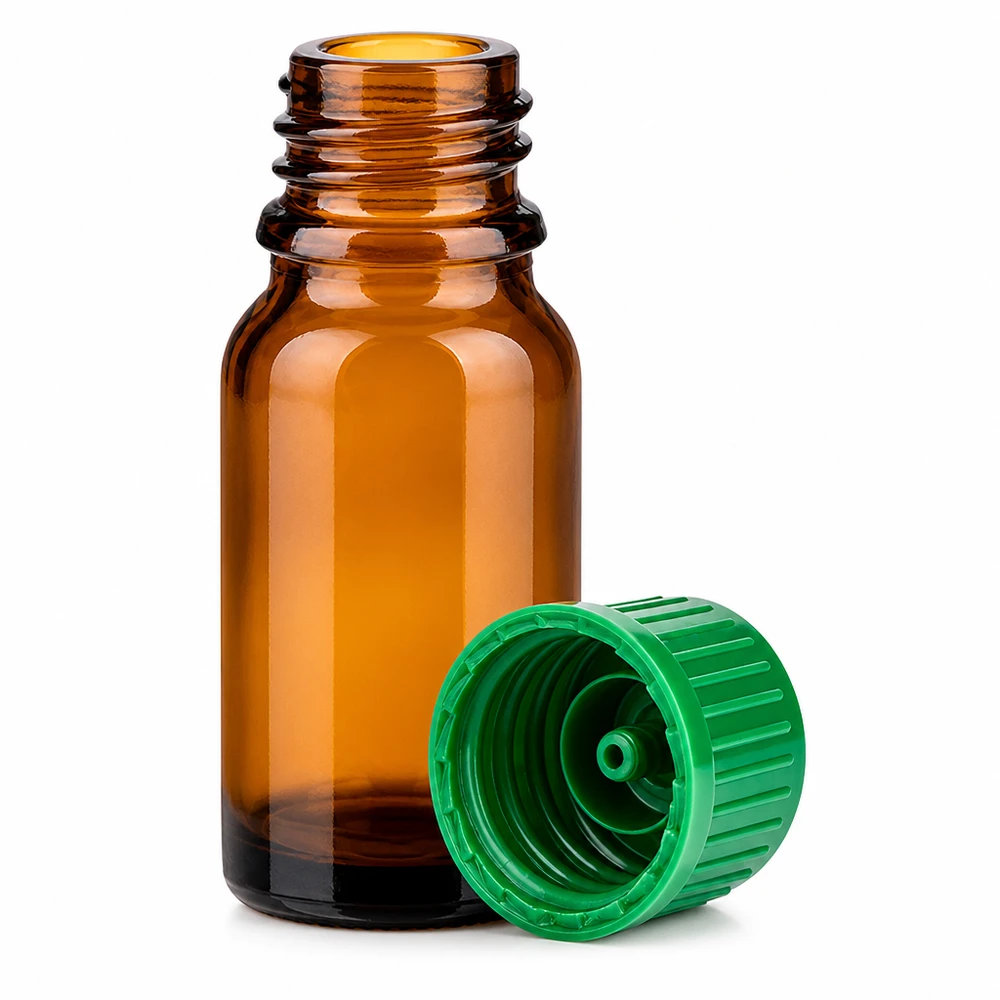 Fiala in vetro ambrato da 10 ml con tappo verde per la conservazione sicura degli estratti.