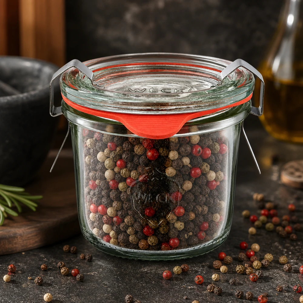 Vaso WECK da 80 ml utilizzato come barattolo per il pepe, con pepe color oro rosa accanto a un mortaio e all'olio d'oliva