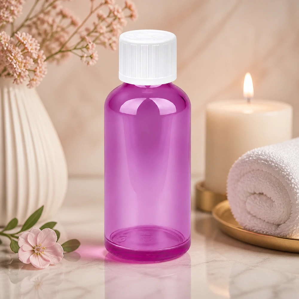 Moderno flacone viola da 50 ml dal design minimalista per una presentazione professionale del prodotto