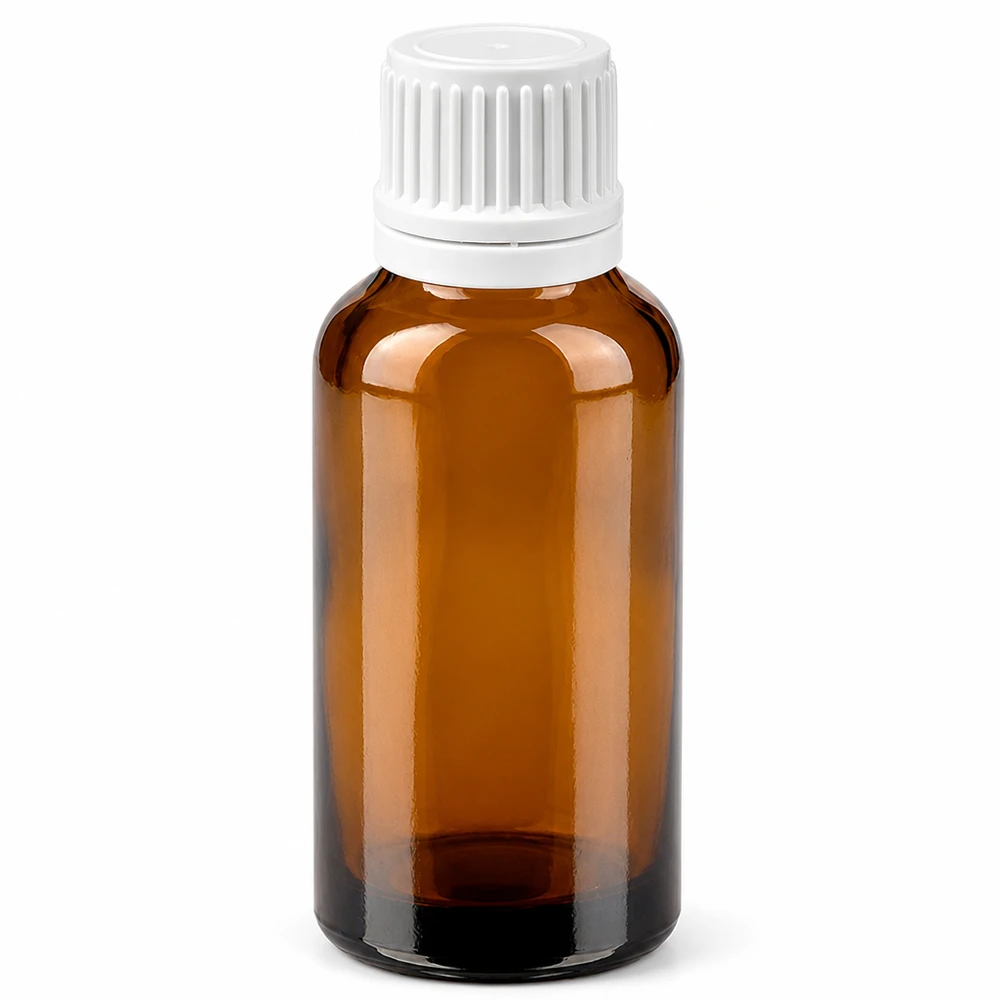 Flacone compatto da 30 ml in vetro ambrato con protezione dai raggi UV e pratico tappo bianco