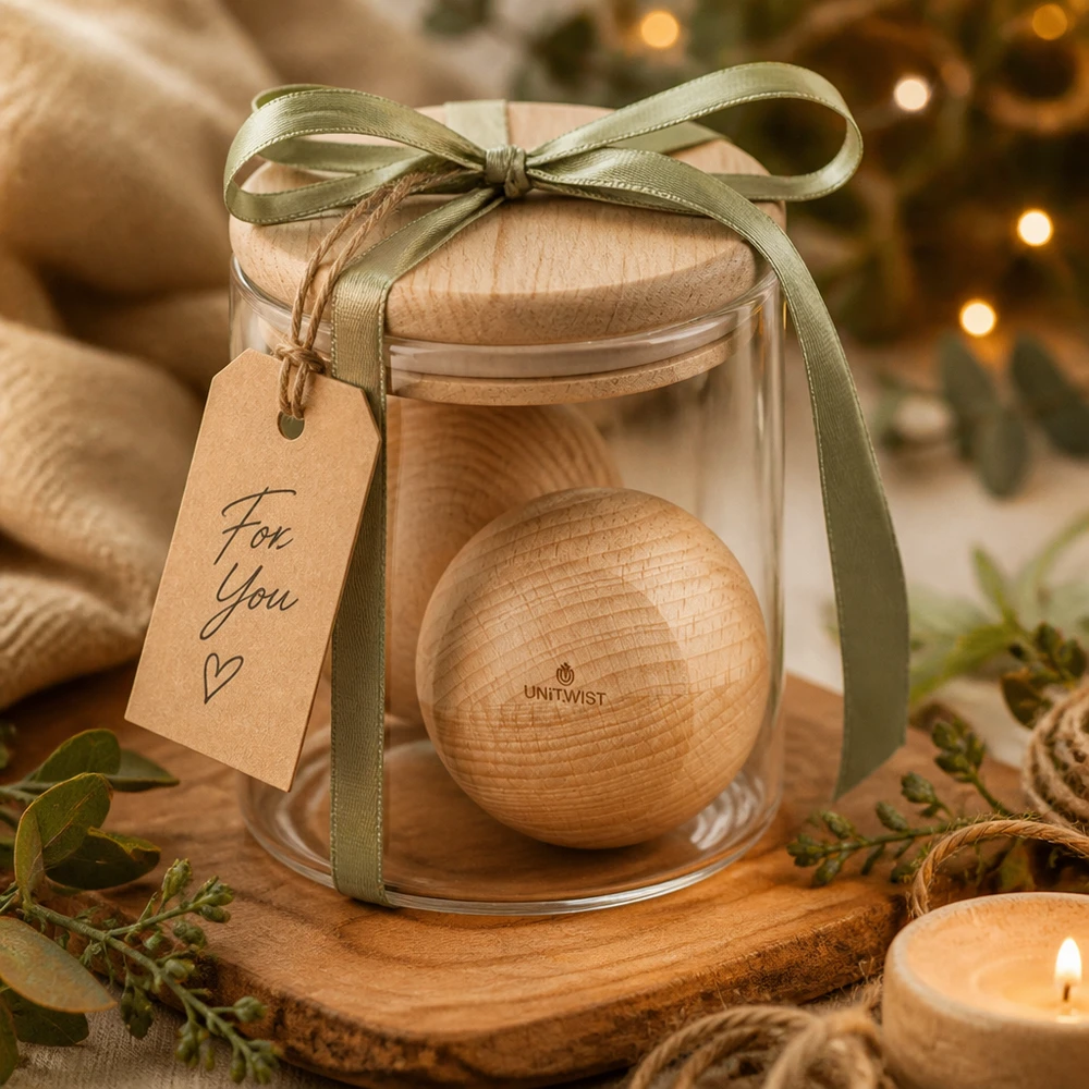 Palla di legno UNiTWIST (faggio) per WECK RR80 UNiTWIST palla di legno di faggio WECK RR80 in regalo in un barattolo decorato con un fiocco verde e un'etichetta "For You".