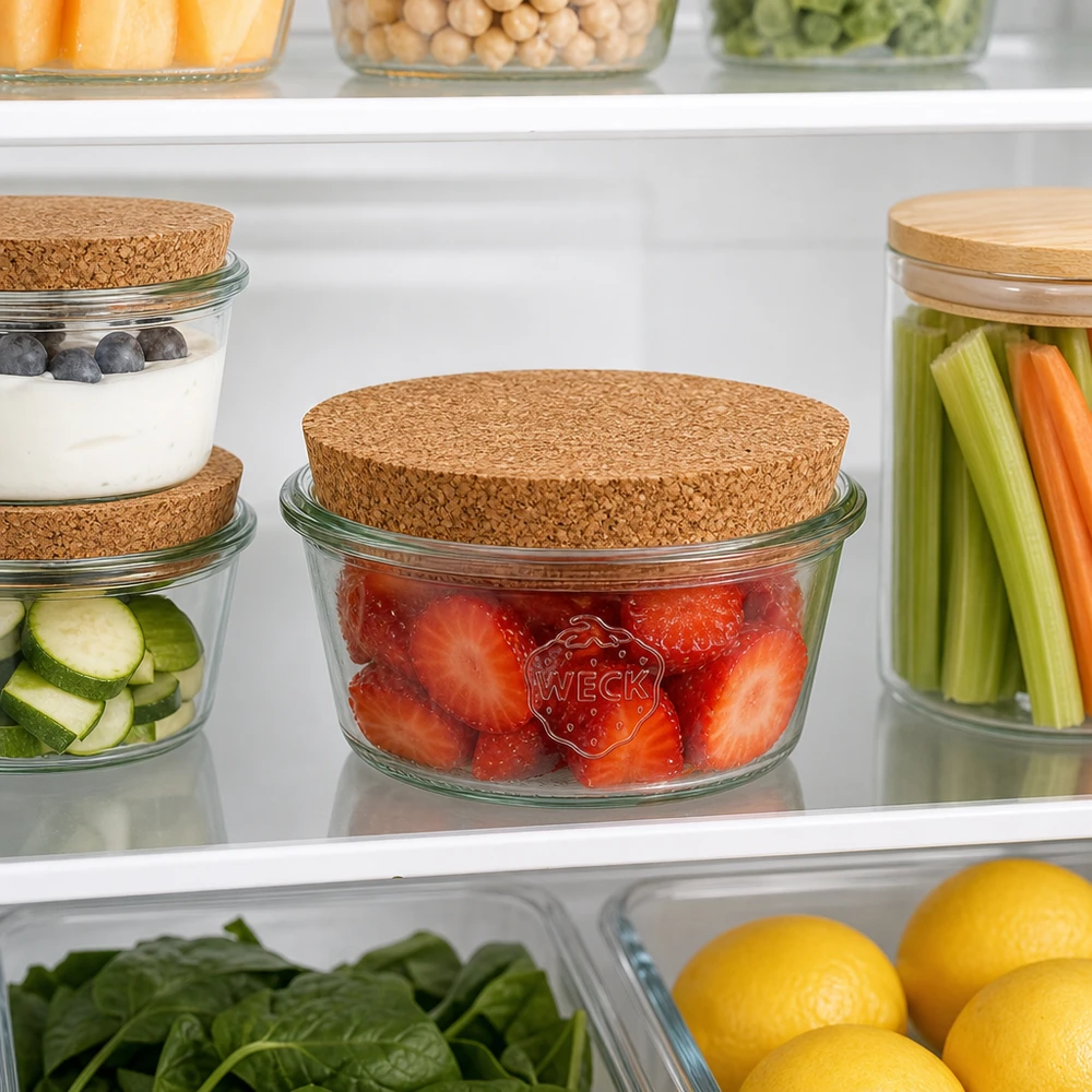 290ml Sturzglas niedrig WECK RR100 mitKorken natur WECK Sturzglas 290ml RR100 mit Korkdeckel zur Lebensmittel-Aufbewahrung im Kühlschrank mit Erdbeeren gefüllt