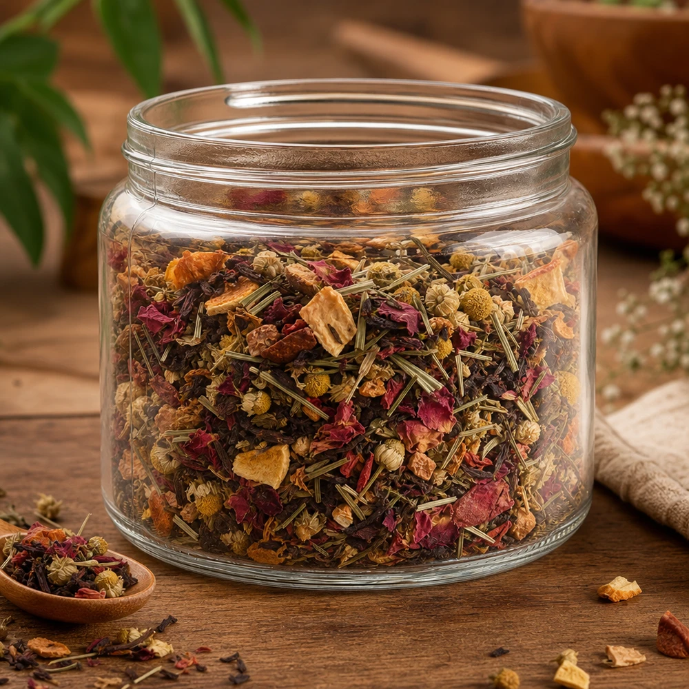 Vasetto per unguenti (vasetto di vetro) 250 ml trasparente, senza coperchio Barattolo di vetro trasparente da 250 ml riempito con una colorata miscela di tisane, fiori secchi ed erbe.
