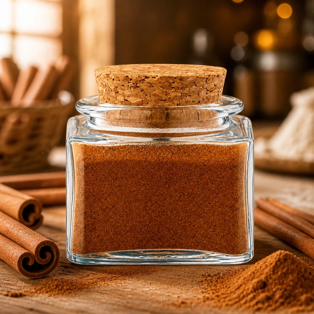 Barattolo per spezie compatto con tappo in sughero naturale e cannella in polvere disposta in modo decorativo con bastoncini di cannella
