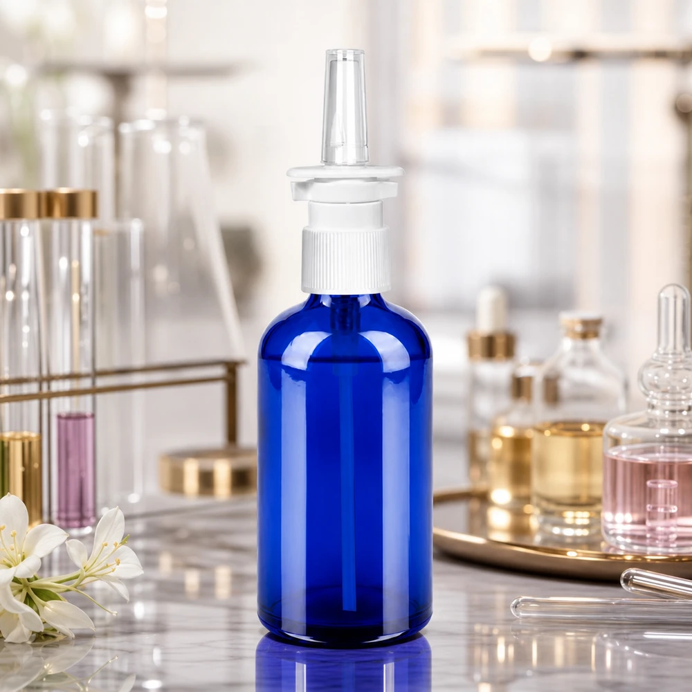 100ml Nasensprayflaschwarz weiß/transparent Standardverschluss BlueLine UT18/100 Mundgeblasene 100ml Nasensprayflasche mit glatter Oberfläche für optimale Reinigung und Sterilisation