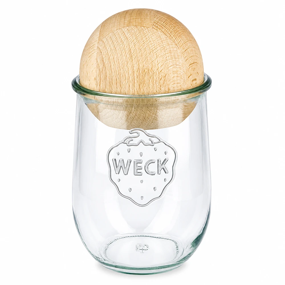 Vaso per tulipani WECK RR100 da 1062 ml con sfera in legno di faggio WECK vaso a tulipano 1062ml RR100 con coperchio in legno di faggio Vaso per conserve in vetro riciclato
