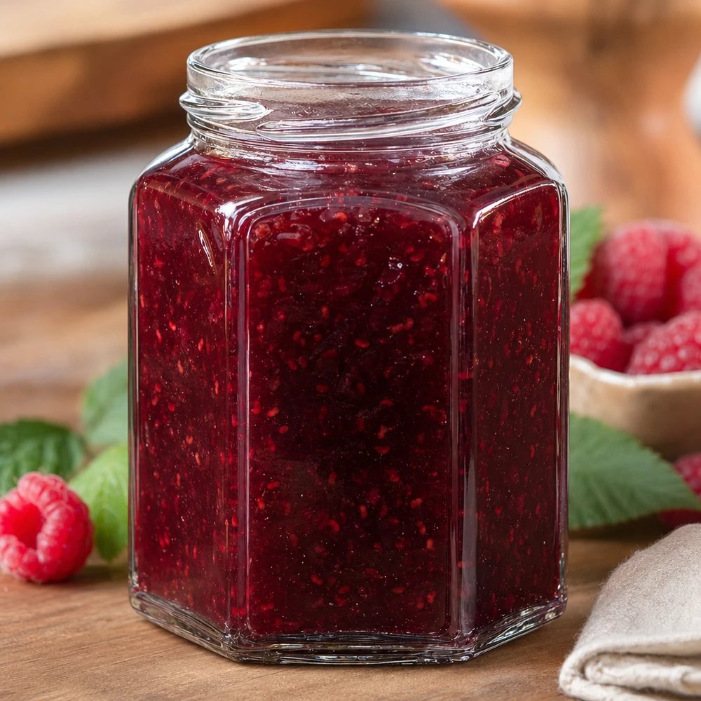 UNiTWIST Hexa288 barattolo esagonale da 288 ml pieno di marmellata di lamponi rossi su tavolo di legno