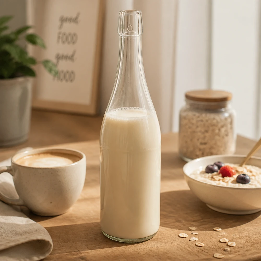 Bottiglia di vetro UNiTWIST da 750 ml riempita di latte d'avena accanto a una tazza di caffè e a una ciotola per cereali.