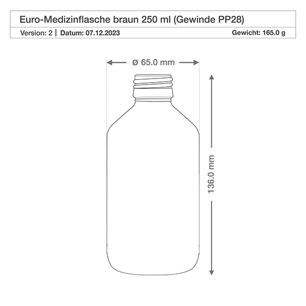 Flacone per medicinali da 250ml marrone, senza tappo PP28 ApoGlas Flacone per medicinali da 250ml marrone, senza tappo PP28 ApoGlas