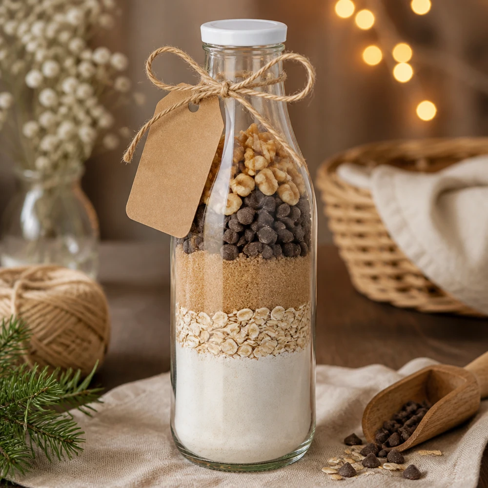 Bottiglia di vetro da 1000 ml con coperchio BasicSeal bianco come regalo per il preparato da forno Ingredienti per biscotti Farina Fiocchi d'avena Noci Cioccolato