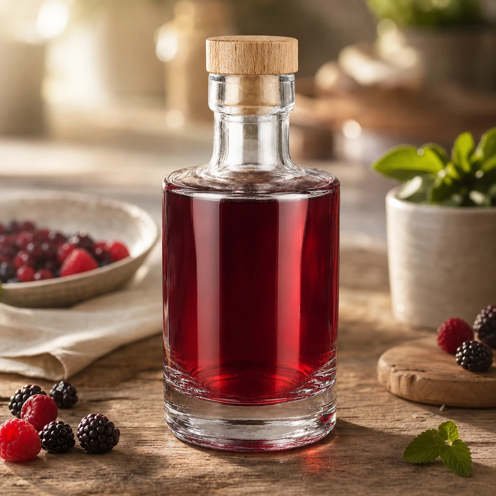 Bottiglia in vetro da 200 ml Marie con tappo in sughero con impugnatura in legno UNiTWIST® 200ml Glasflasche Marie mit Beerenlikör befüllt, Holzkorken-Verschluss, dekoriert mit Himbeeren und Brombeeren auf Holzt