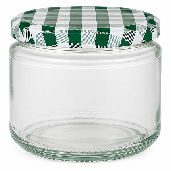 330ml Rundglas + BasicSeal Deckel grün/weiß UNiTWIST 330ml Rundglas mit grün-weiß kariertem BasicSeal Deckel, leeres Einmachglas für Lebensmittel und Konserven