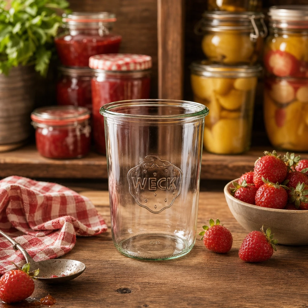 Bicchieri da 850 ml WECK RR100 Vaso da 850 ml WECK RR100 trasparente con logo su tavolo di legno accanto a fragole fresche e vasetti di marmellata