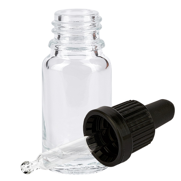 Flacone per pipette da 10 ml nero OV ClearLine UT18/10 Piccolo flacone di vetro da 10 ml con tappo a vite nero e pipetta di vetro, raffigurato aperto