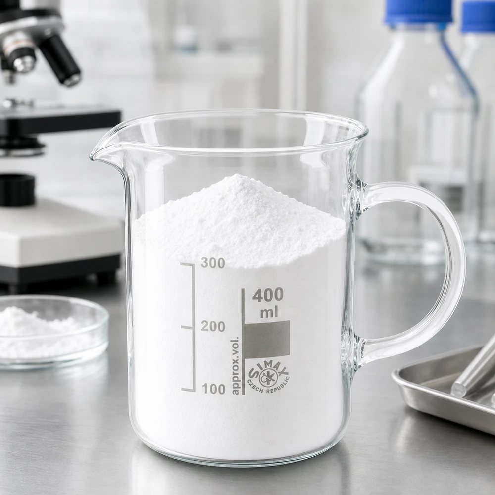 Bicchiere 400ml in vetro borosilicato, con manico Bicchiere da laboratorio da 400 ml con manico, contenente polvere bianca, su un tavolo da lavoro da laboratorio; vetro borosilicato