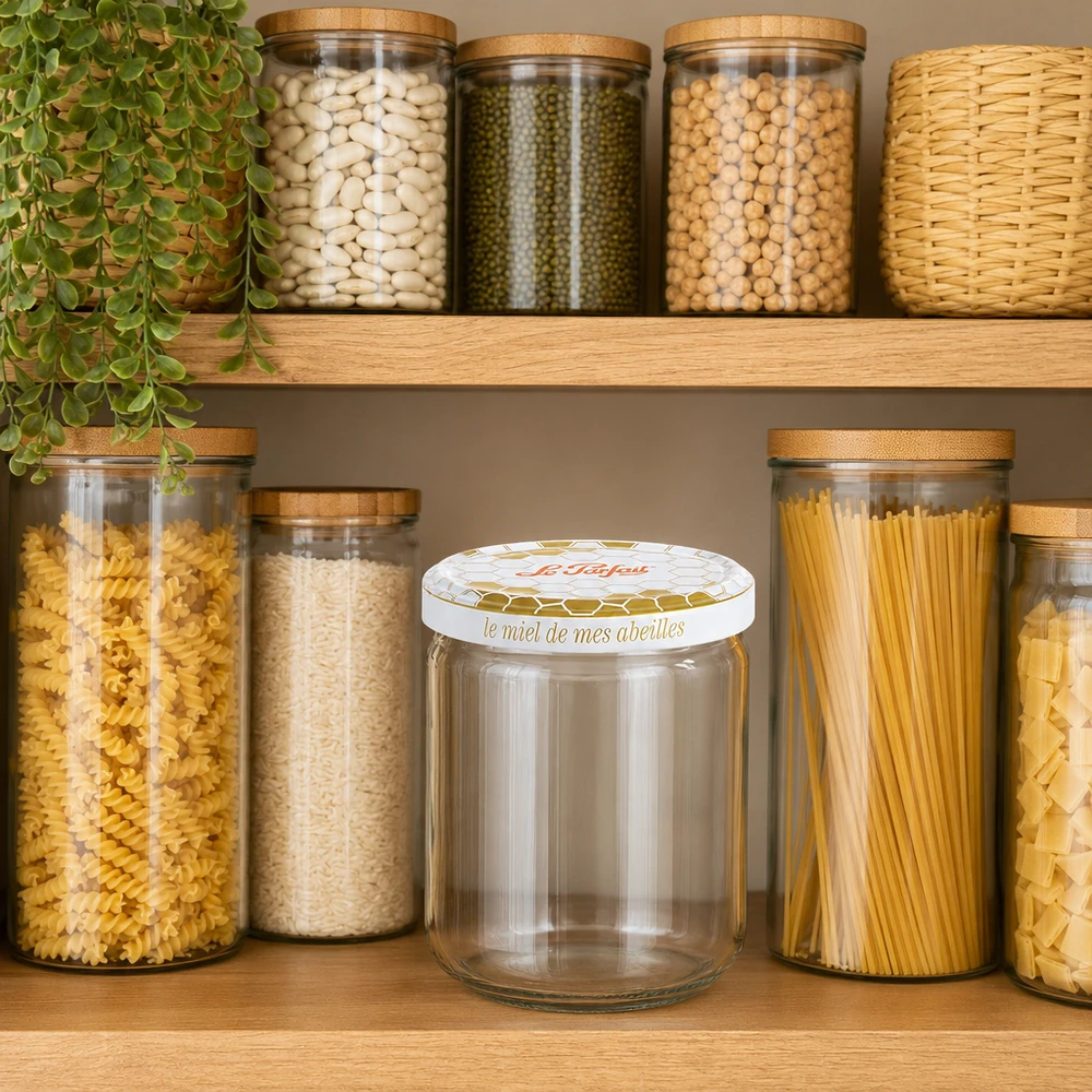 Le Parfait® vaso miele 212 ml Ø63 mm Vaso vuoto da 212 ml di miele Le Parfait tra i vasi pieni in una cucina organizzata a scaffale
