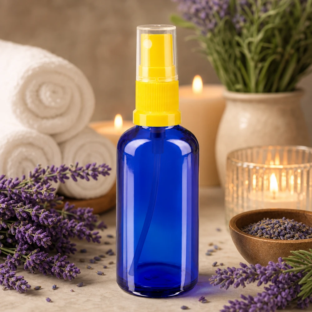 Apothekenflasche blau 50ml Sprayaufsatz gelb Aromatherapie-Sprayflasche Blauglas 50ml mit gelbem Aufsatz neben Kerzen und Lavendeldeko