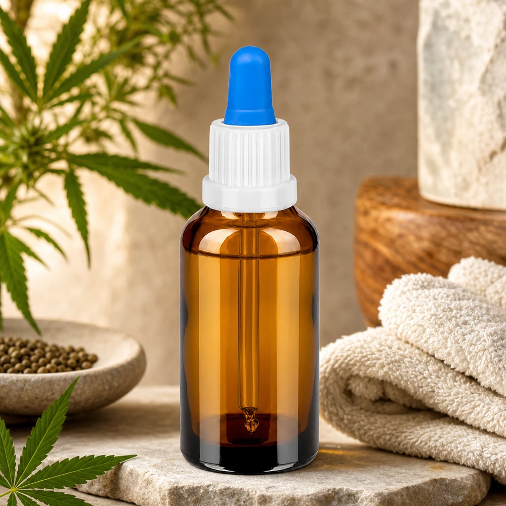 Flacone in vetro da 30 ml con pipetta blu e bianca per l'applicazione igienica di liquidi