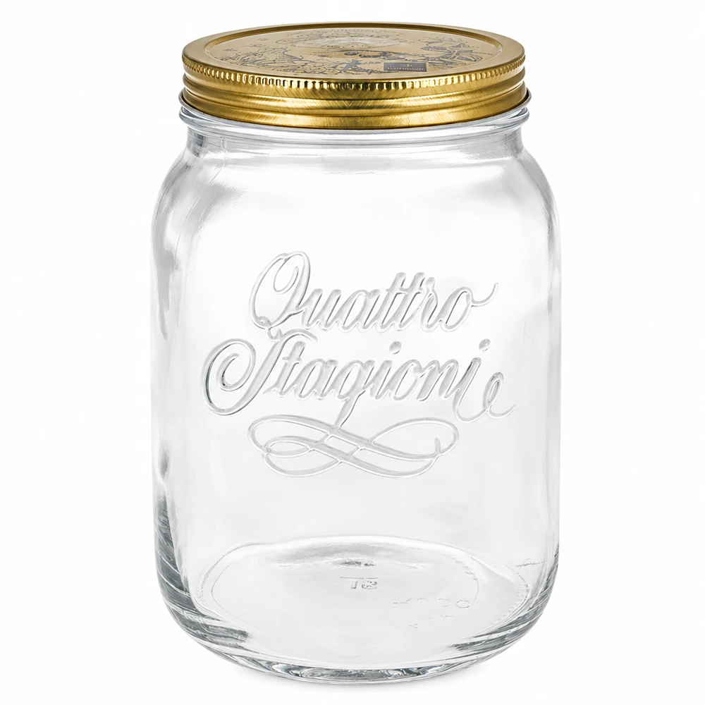 Barattolo rotondo "Quattro Stagioni" da 2000ml con coperchio Barattolo rotondo Quattro Stagioni da 2000 ml con coperchio a vite dorato - barattolo in vetro trasparente per conserve