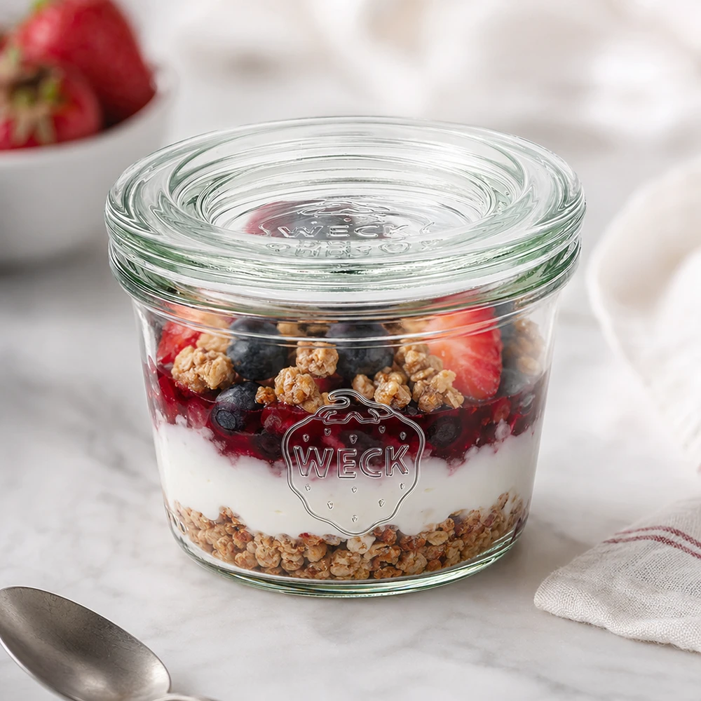 35ml Sturzglas mit Glasdeckel WECK RR40 WECK Sturzglas 35ml RR40 mit Joghurt Müsli und Beeren als Dessert im Glas auf weißer Marmorplatte dekoriert