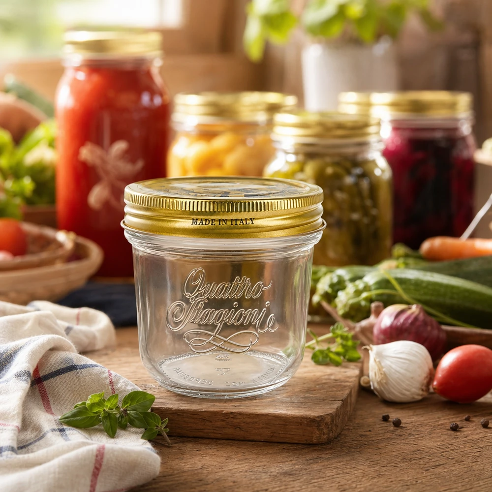 Bicchieri "Quattro Stagioni" da 200 ml con coperchio Quattro Stagioni vaso da 200 ml con coperchio dorato su tavola di legno, circondato da barattoli per conserve e verdure fresche