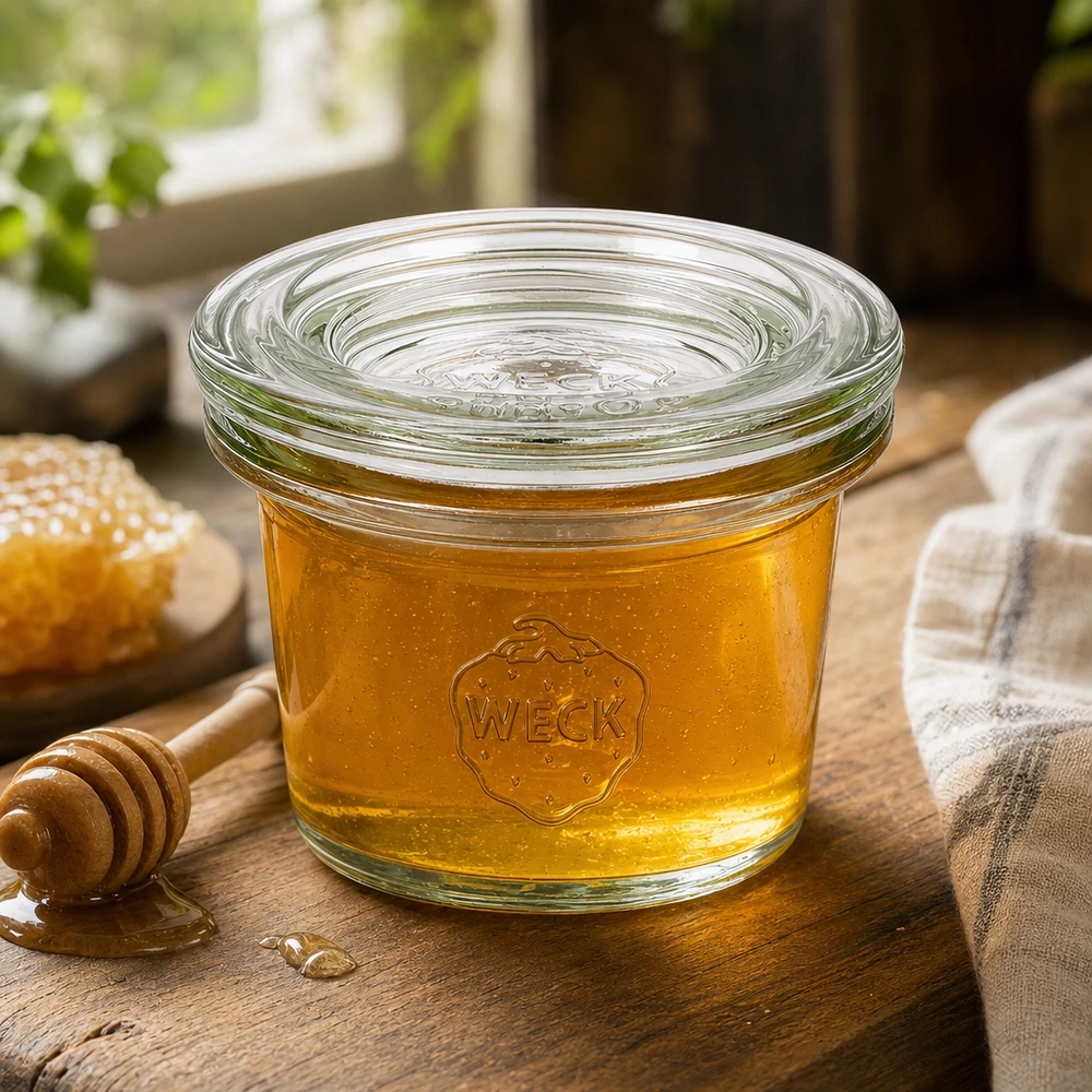 35ml Sturzglas mit Glasdeckel WECK RR40 WECK Sturzglas 35ml RR40 mit Honig befüllt auf Holzbrett mit Honiglöffel und Waben im natürlichen Ambiente
