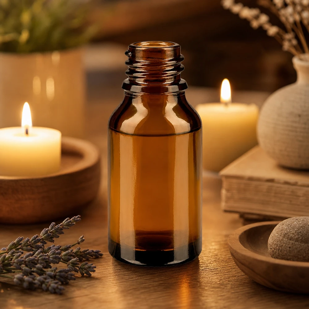 Bottiglia da 15 ml in ApoGlas marrone a lume di candela, con rametti di lavanda e accessori per il benessere su una superficie di legno.