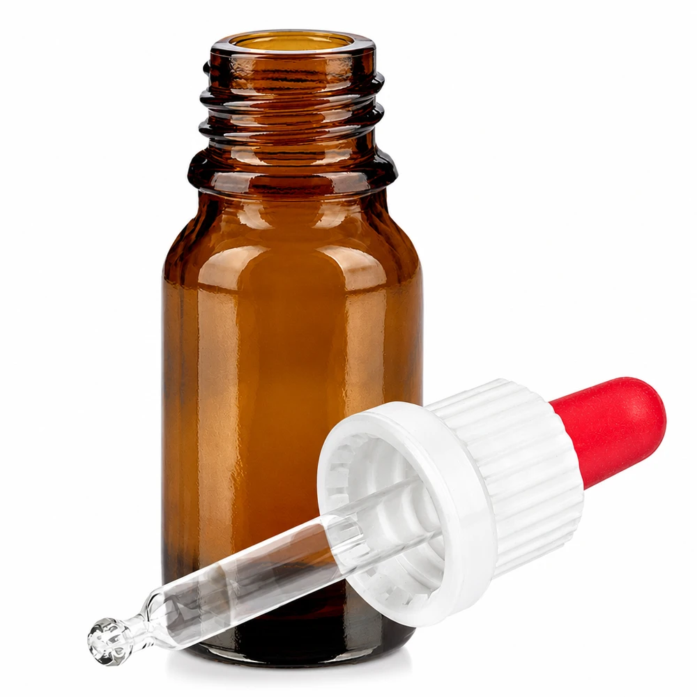 Flacone in vetro marrone da 10 ml con pipetta e contagocce rosso per oli essenziali e sieri