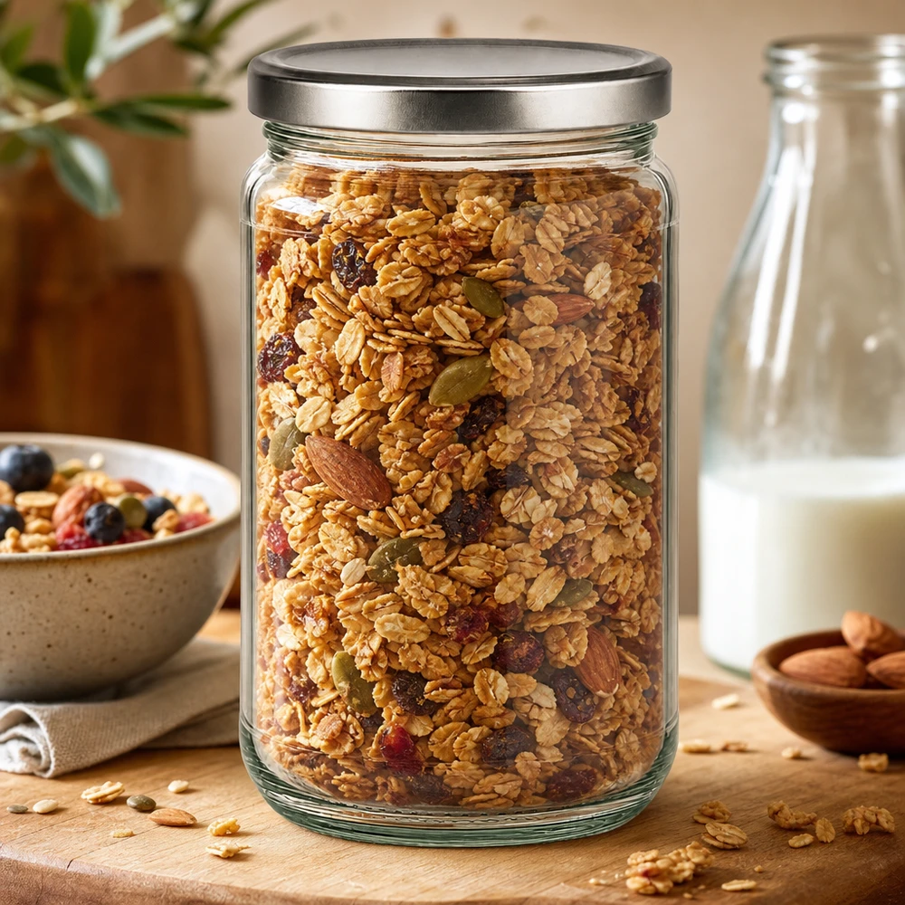Barattolo rotondo da 305 ml con coperchio BasicSeal in argento, riempito con muesli e frutta secca, come barattolo per la cucina naturale