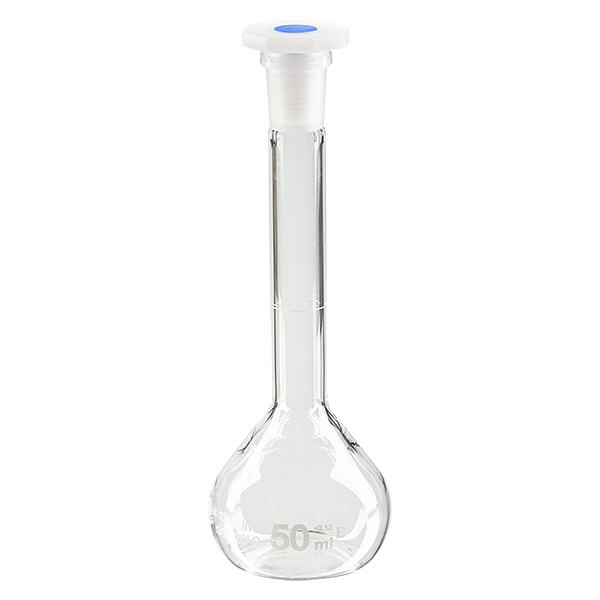 Matraccio volumetrico da 50 ml con giunto standard smerigliato e tappo in PEHD Matraccio volumetrico da 50 ml con giunto standard smerigliato e tappo in PEHD