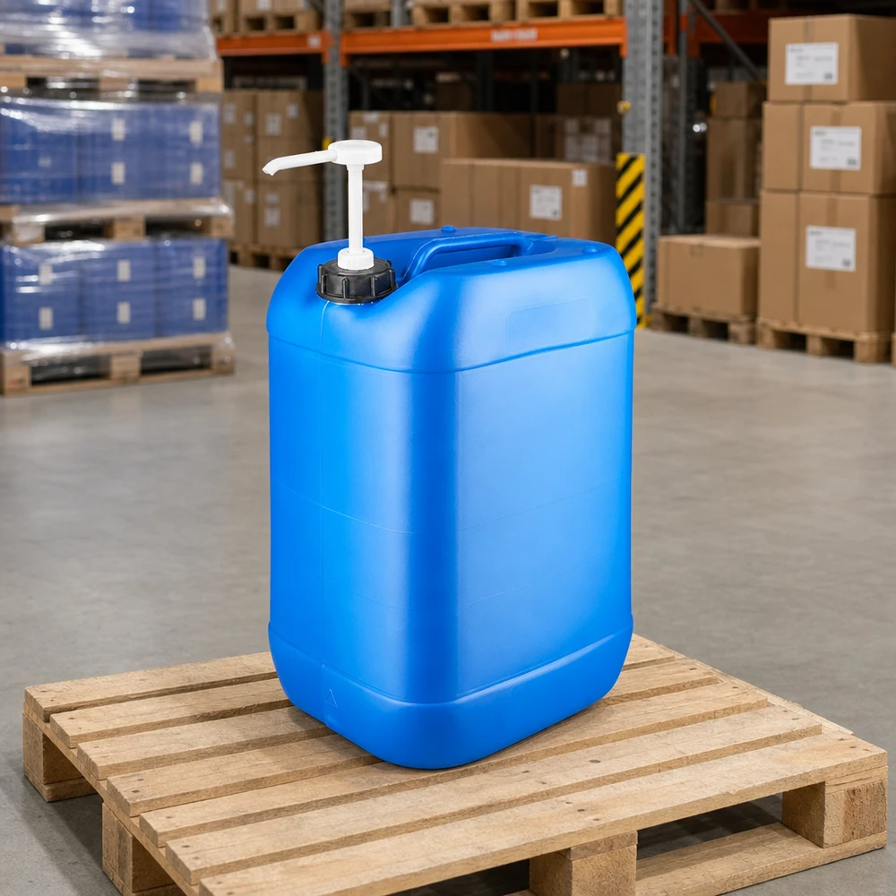 Bidon de 25 litres bleu avec pompe doseuse Bidon en plastique bleu de 25 litres avec pompe doseuse, sur une palette en bois dans un entrepôt