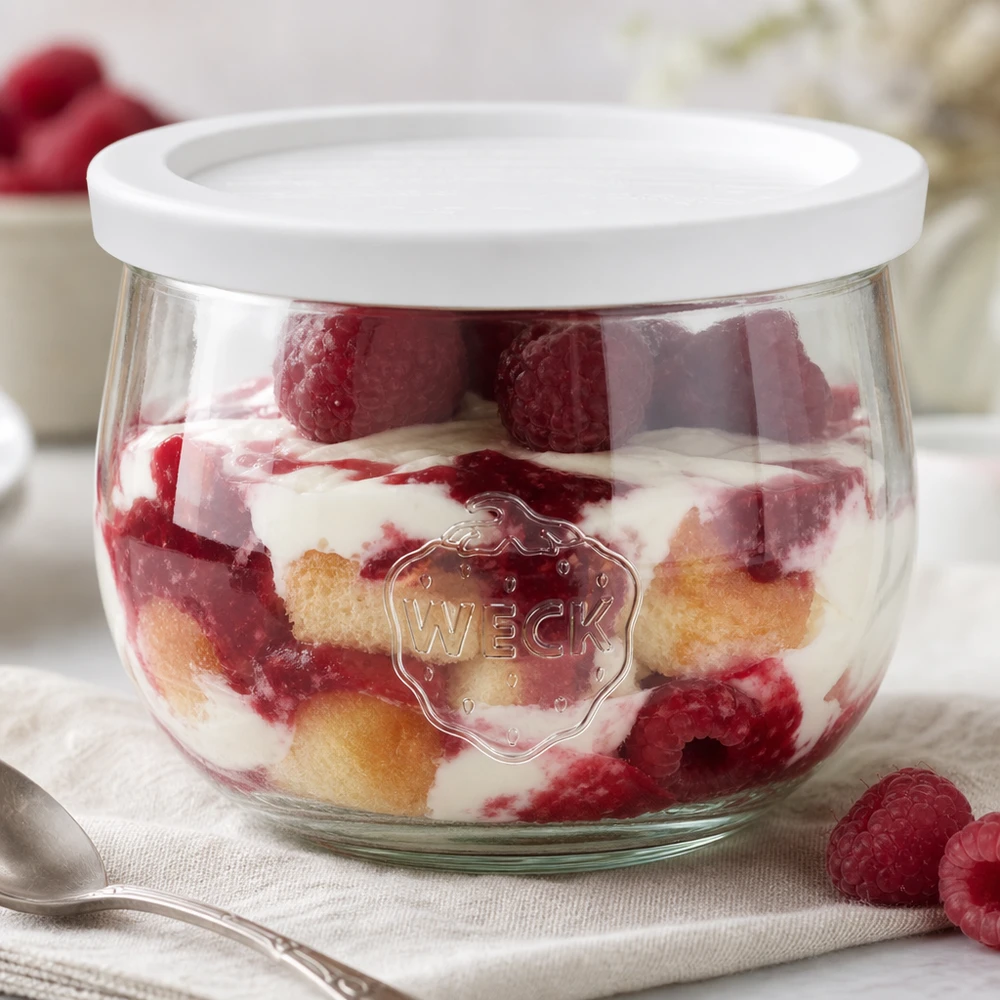 Vasetto a tulipano da 580 ml con coperchio salvafreschezza WECK RR100 Vaso WECK a tulipano da 580 ml con coperchio fresco come ciotola per dessert a strati con lamponi e panna