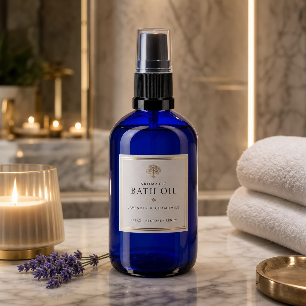 Apothekenflasche blau 100ml Sprayaufsatz schwarz Blaue 100ml Sprühflasche aus Apothekerglas mit transparenter Schutzkappe und Kerzenambiente