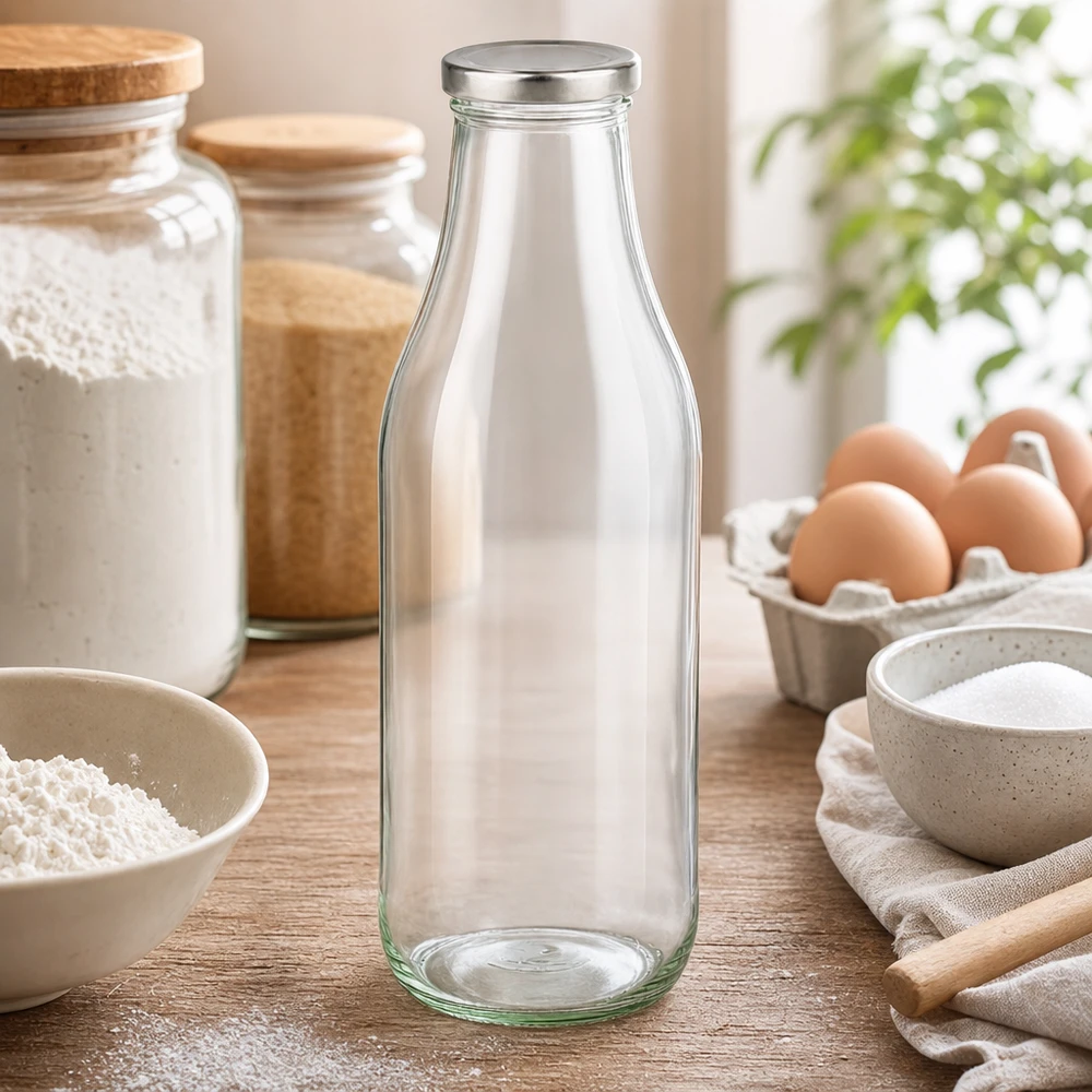 1000ml Glasflasche + BasicSeal Deckel silber UNiTWIST Glasflasche 1000ml in stilvoller Küchenumgebung mit Backzutaten und Dekoration für den täglichen Gebrauch