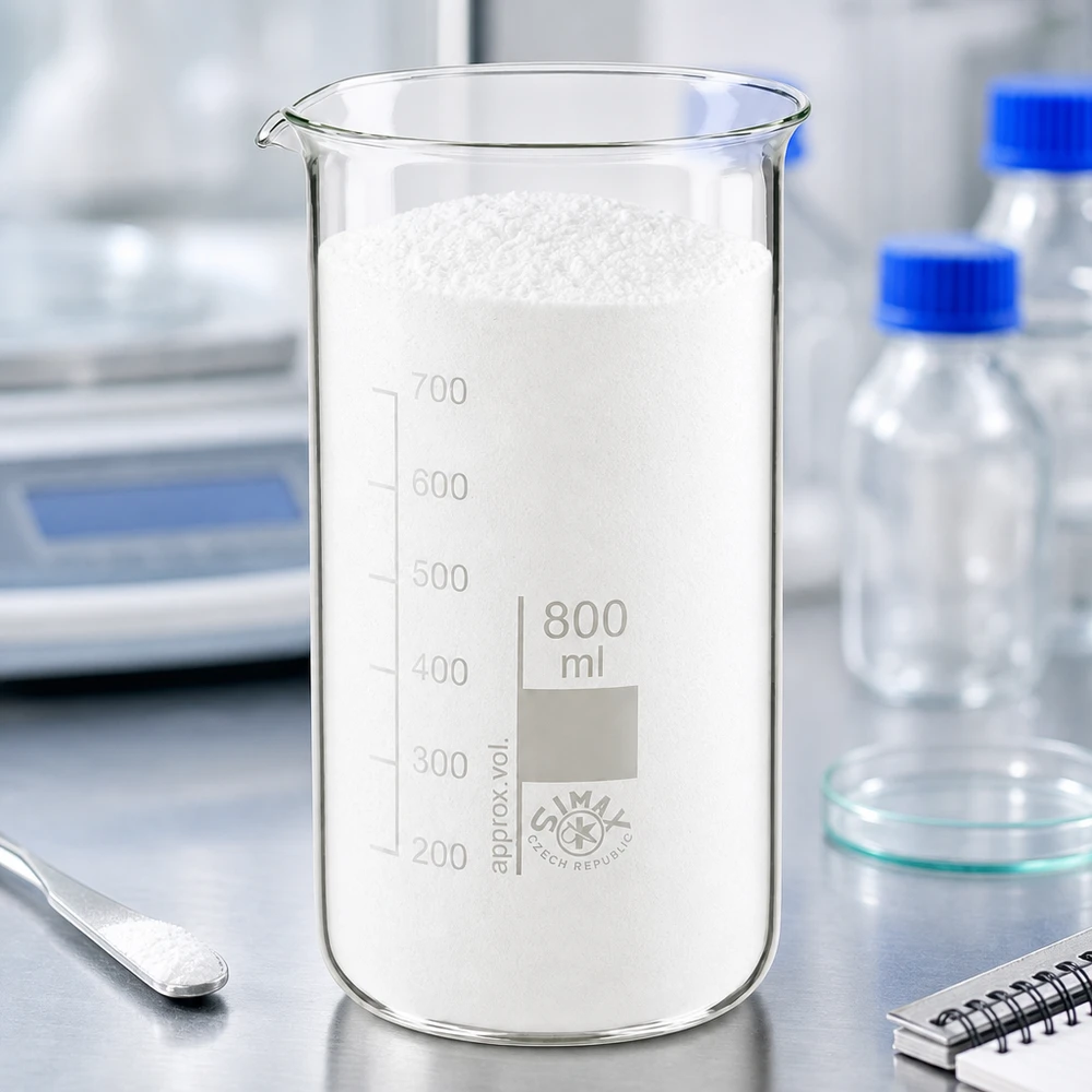 Becher da 800 ml a forma alta riempito di polvere bianca su una bilancia da laboratorio, tavolo in acciaio inossidabile SIMAX