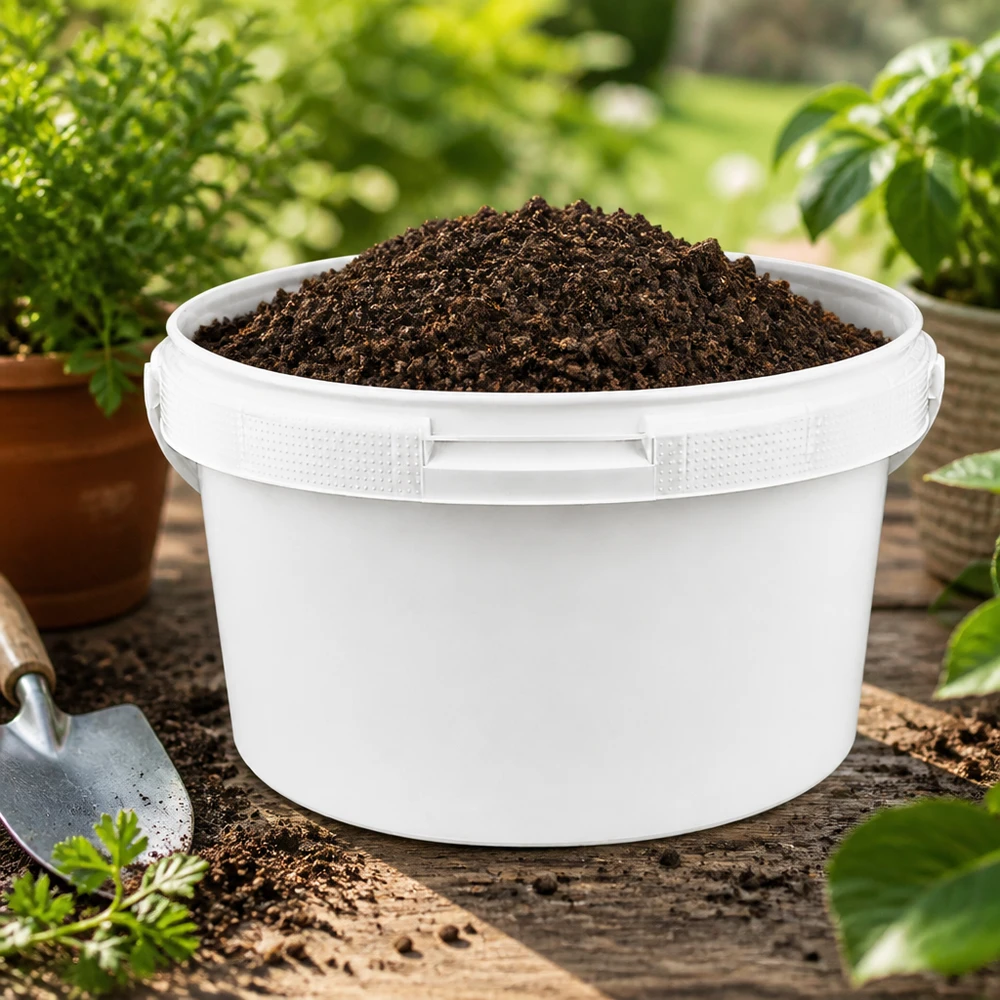 Eimer 3.5L aus weißem Kunststoff Polypropylen ohne Deckel Stabiler Kunststoffeimer 3,5L für Gartenanwendungen mit dunkler Pflanzerde befüllt