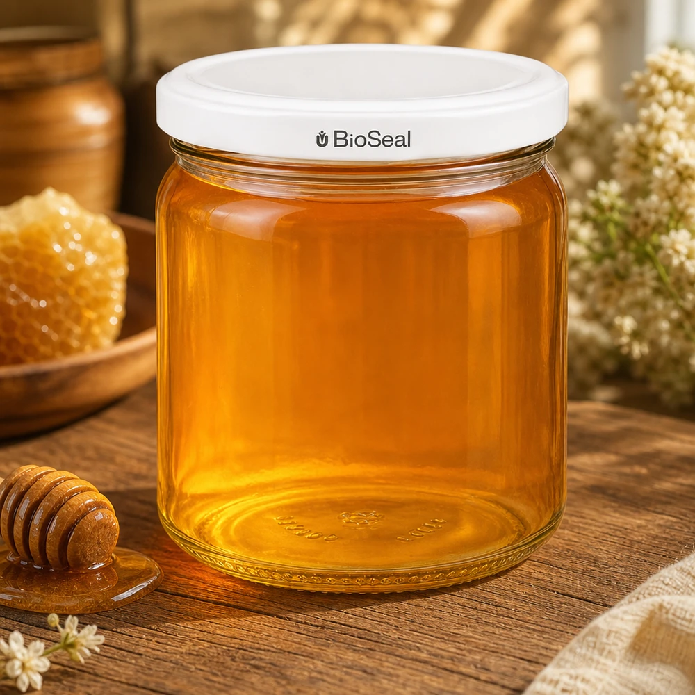 408ml Rundglas mit BioSeal Deckel weiß UNiTWIST UNiTWIST Runda408 mit goldenem Honig gefüllt - traditionelle Honiglagerung im Glasgefäß mit weißem TO82 BioSeal