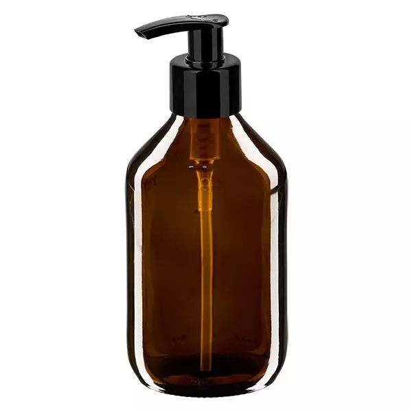 Flacone per medicinali da 250 ml marrone, con pompa dispenser nera ApoGl