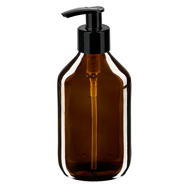 Flacone per medicinali da 250 ml marrone, con pompa dispenser nera ApoGl Flacone per medicinali da 250 ml marrone, con pompa dispenser nera ApoGl