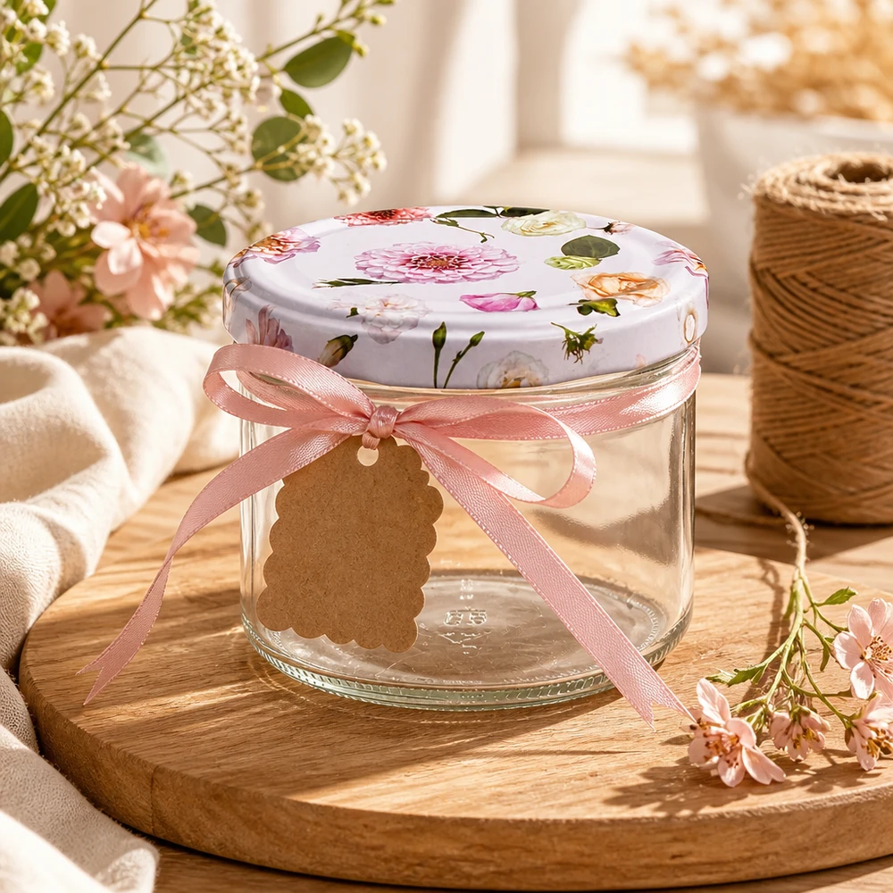 225ml Sturzglas + BasicSeal Deckel Blume rosa UNiTWIST 225ml Sturzglas mit rosa Blumen Deckel dekoriert mit Schleife und Geschenkanhänger auf Holztablett